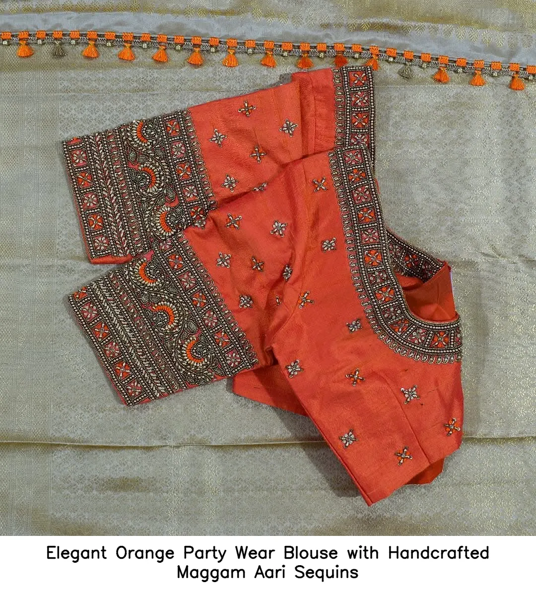 ​Elegant Orange Party Wear Blouse with Handcrafted Maggam Aari Sequins