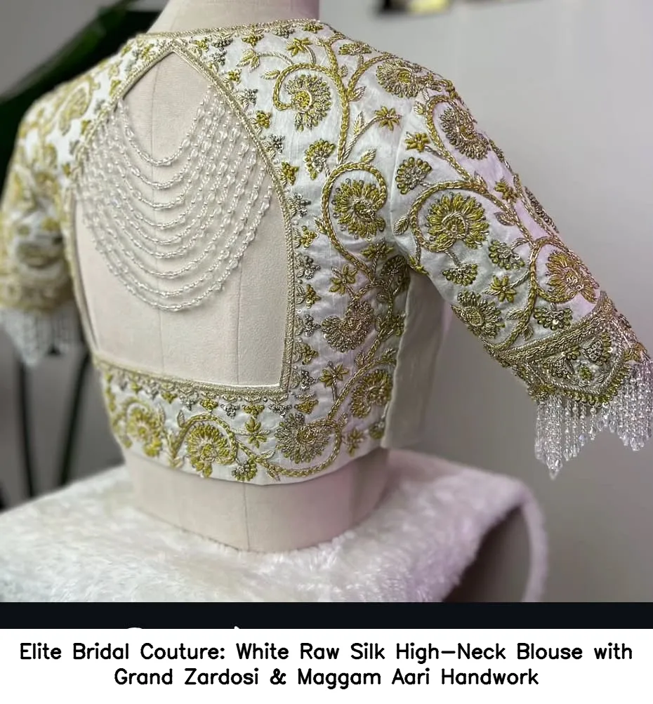 ​Elite Bridal Couture: White Raw Silk High-Neck Blouse with Grand Zardosi & Maggam Aari Handwork