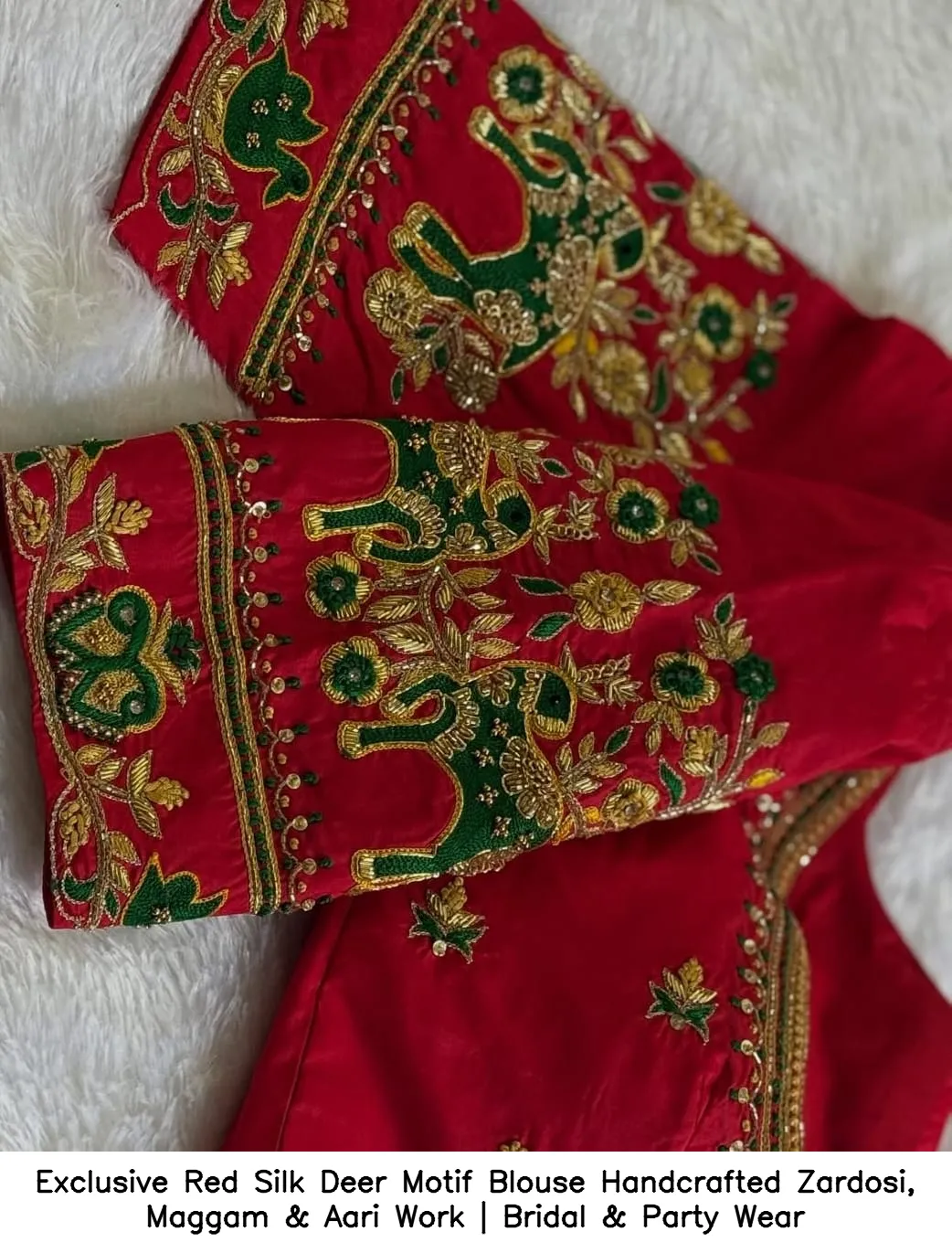 ​Exclusive Red Silk Deer Motif Blouse – Handcrafted Zardosi, Maggam & Aari Work | Bridal & Party Wear