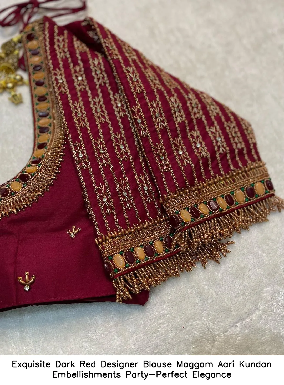 ​Exquisite Dark Red Designer Blouse – Maggam Aari Kundan Embellishments  Party-Perfect Elegance