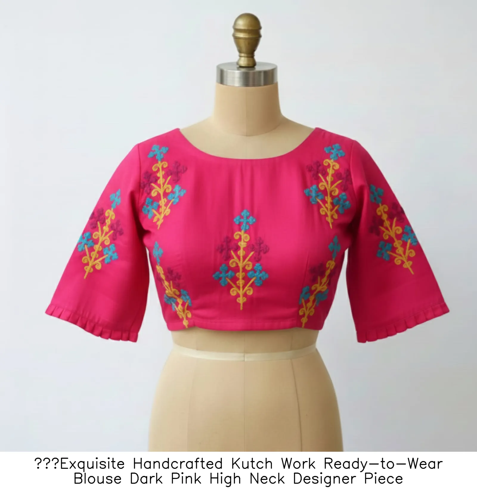 ​Exquisite Handcrafted Kutch Work Ready-to-Wear Blouse  Dark Pink High Neck Designer Piece