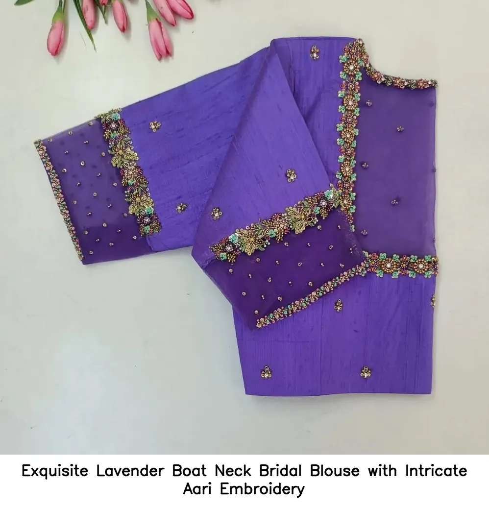 ​Exquisite Lavender Boat Neck Bridal Blouse with Intricate Aari Embroidery