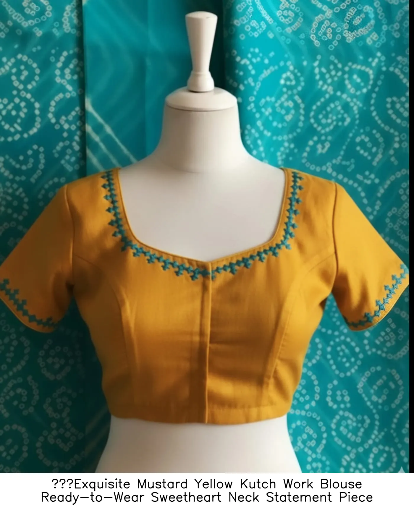 ​Exquisite Mustard Yellow Kutch Work Blouse  Ready-to-Wear Sweetheart Neck Statement Piece