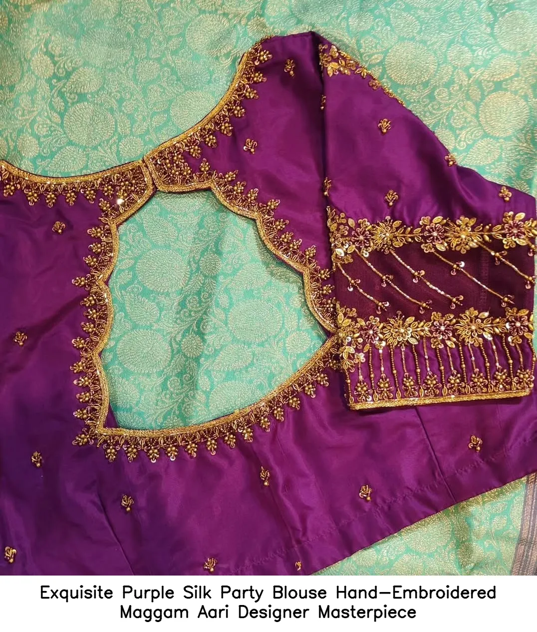 ​Exquisite Purple Silk Party Blouse – Hand-Embroidered Maggam Aari Designer Masterpiece