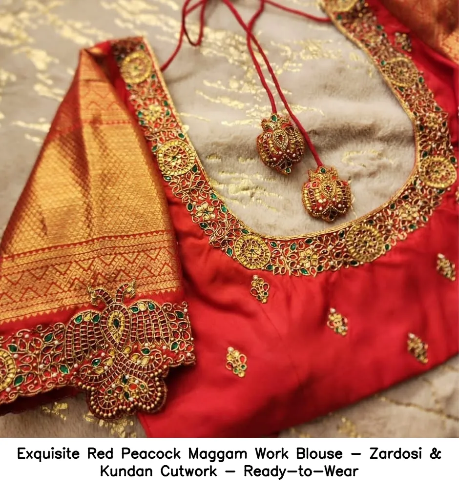 ​Exquisite Red Peacock Maggam Work Blouse - Zardosi & Kundan Cutwork - Ready-to-Wear