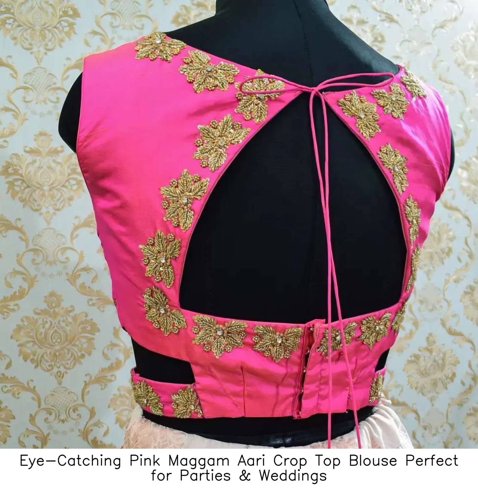 ​Eye-Catching Pink Maggam Aari Crop Top Blouse – Perfect for Parties & Weddings