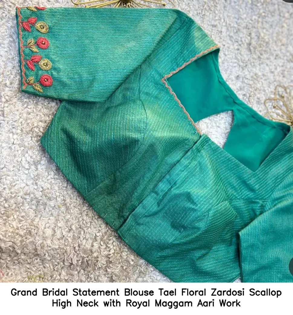 ​Grand Bridal Statement Blouse – Tael Floral Zardosi Scallop High Neck with Royal Maggam Aari Work