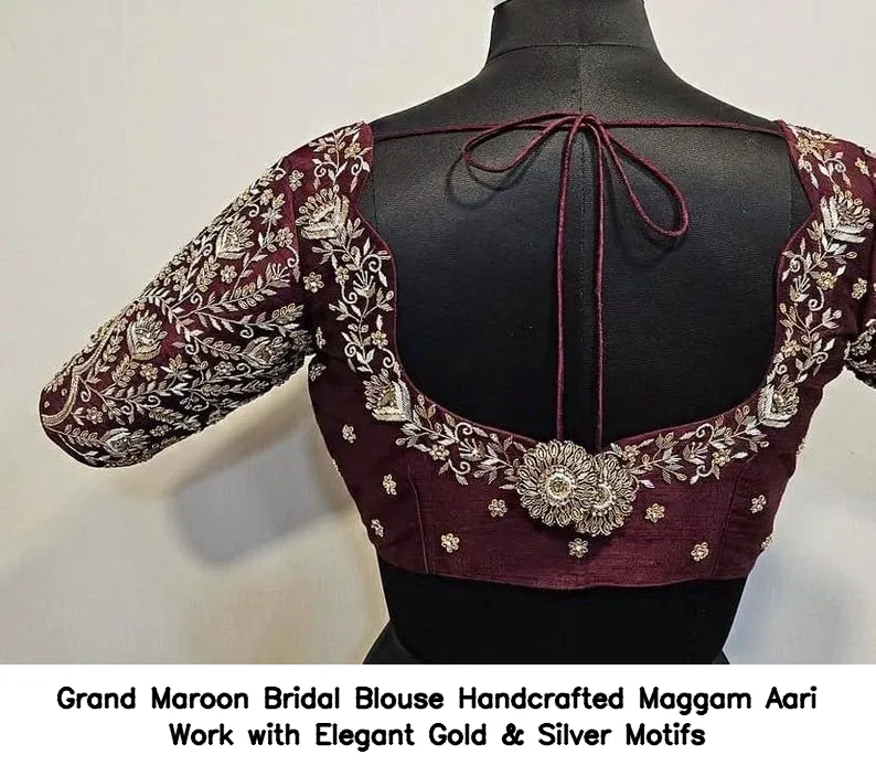 ​Grand Maroon Bridal Blouse – Handcrafted Maggam  Aari Work with Elegant Gold & Silver Motifs
