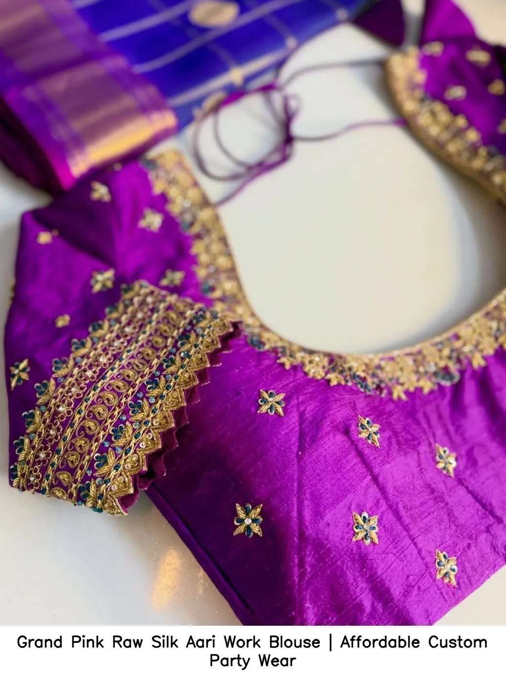 ​Grand Pink Raw Silk Aari Work Blouse | Affordable Custom Party Wear