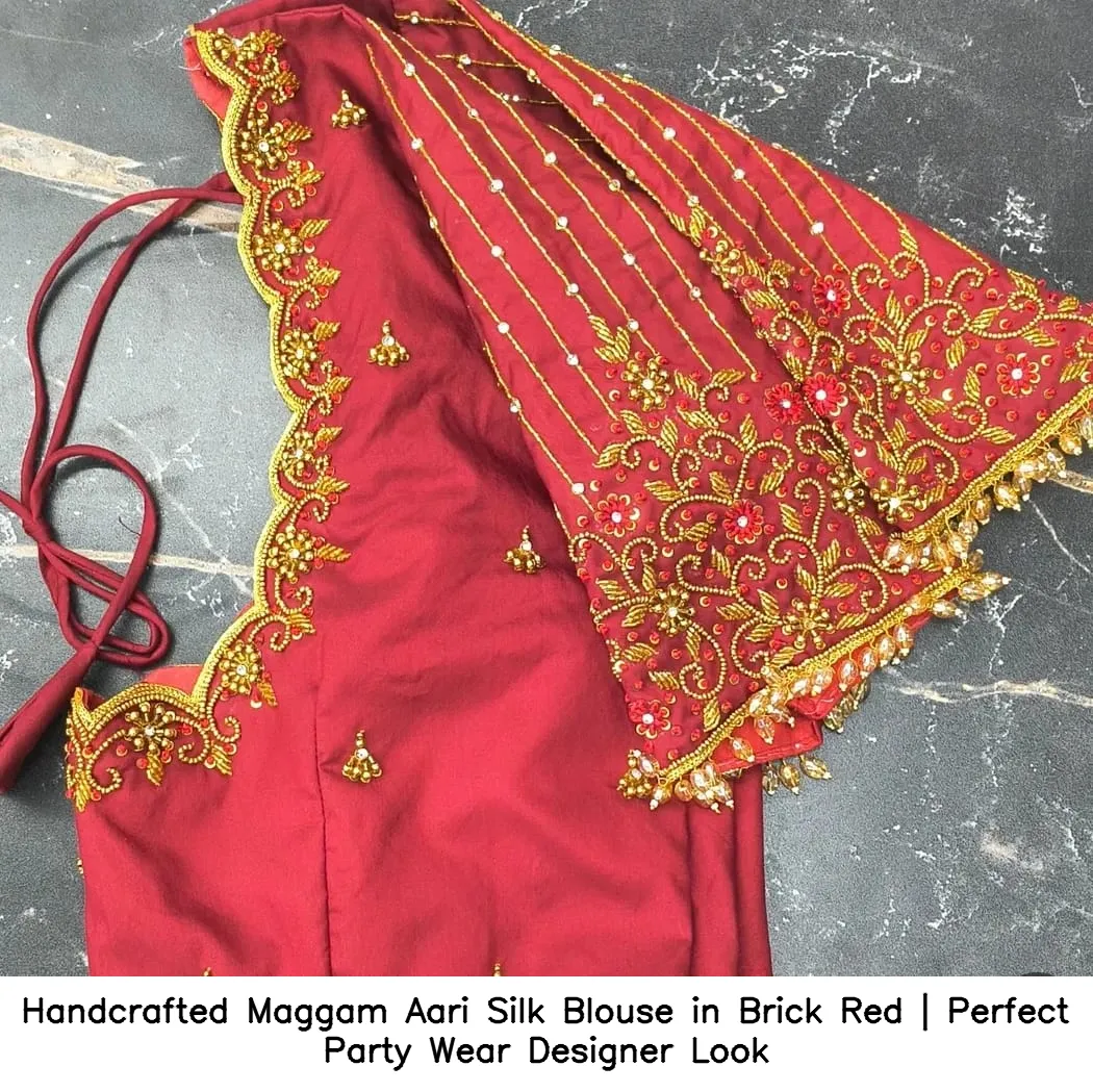 ​Handcrafted Maggam Aari Silk Blouse in Brick Red | Perfect Party Wear Designer Look