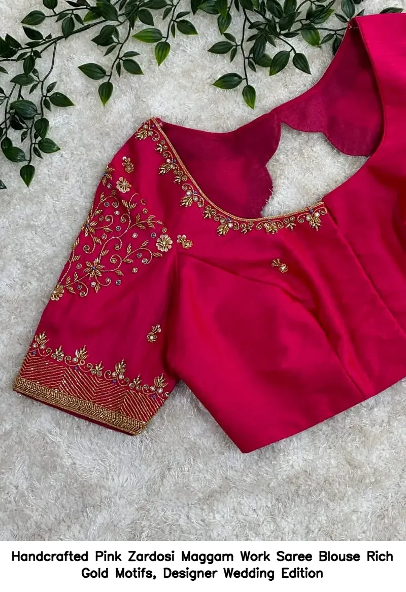 ​Handcrafted Pink Zardosi Maggam Work Saree Blouse – Rich Gold Motifs, Designer Wedding Edition