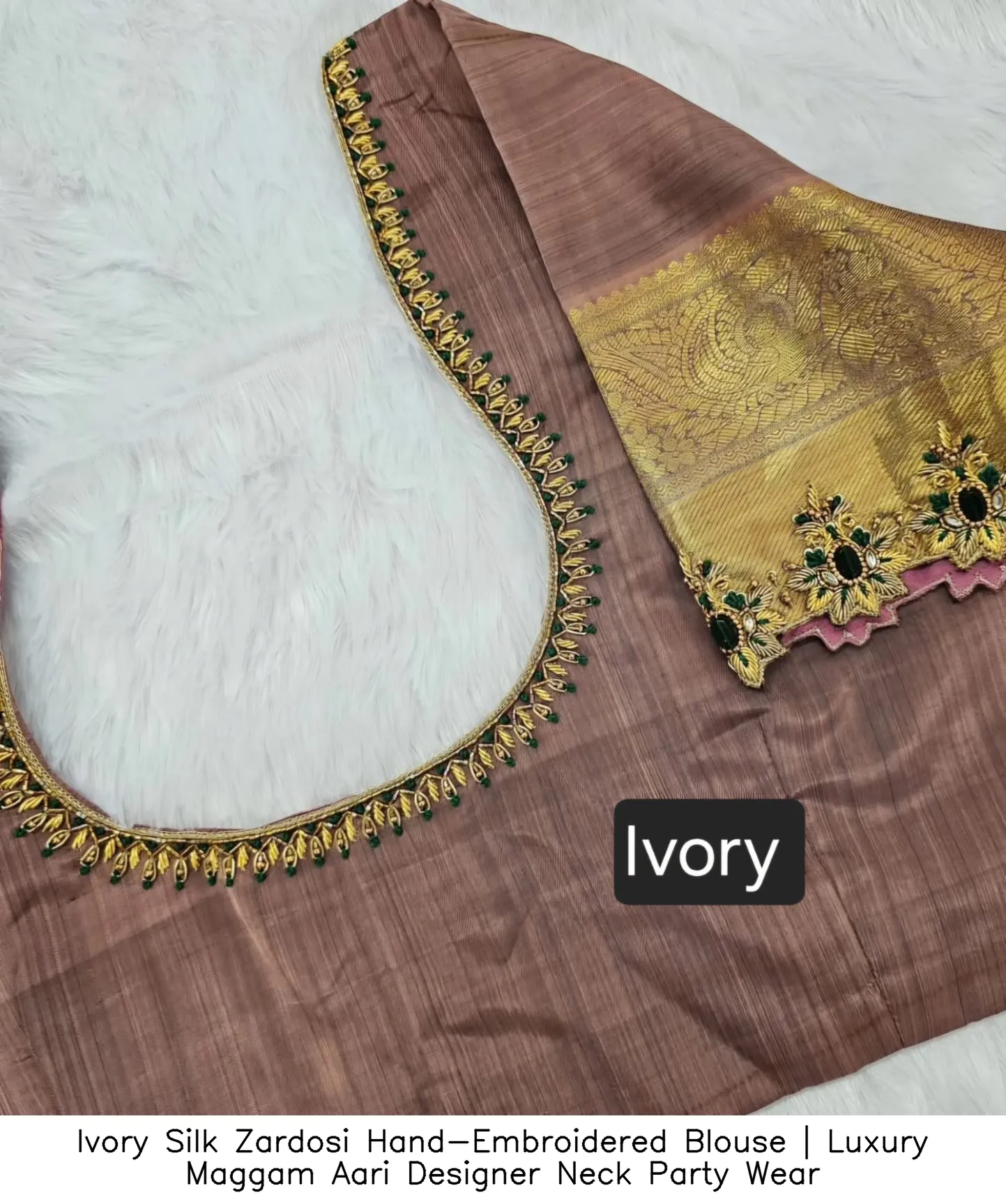 ​Ivory Silk Zardosi Hand-Embroidered Blouse | Luxury Maggam Aari Designer Neck Party Wear