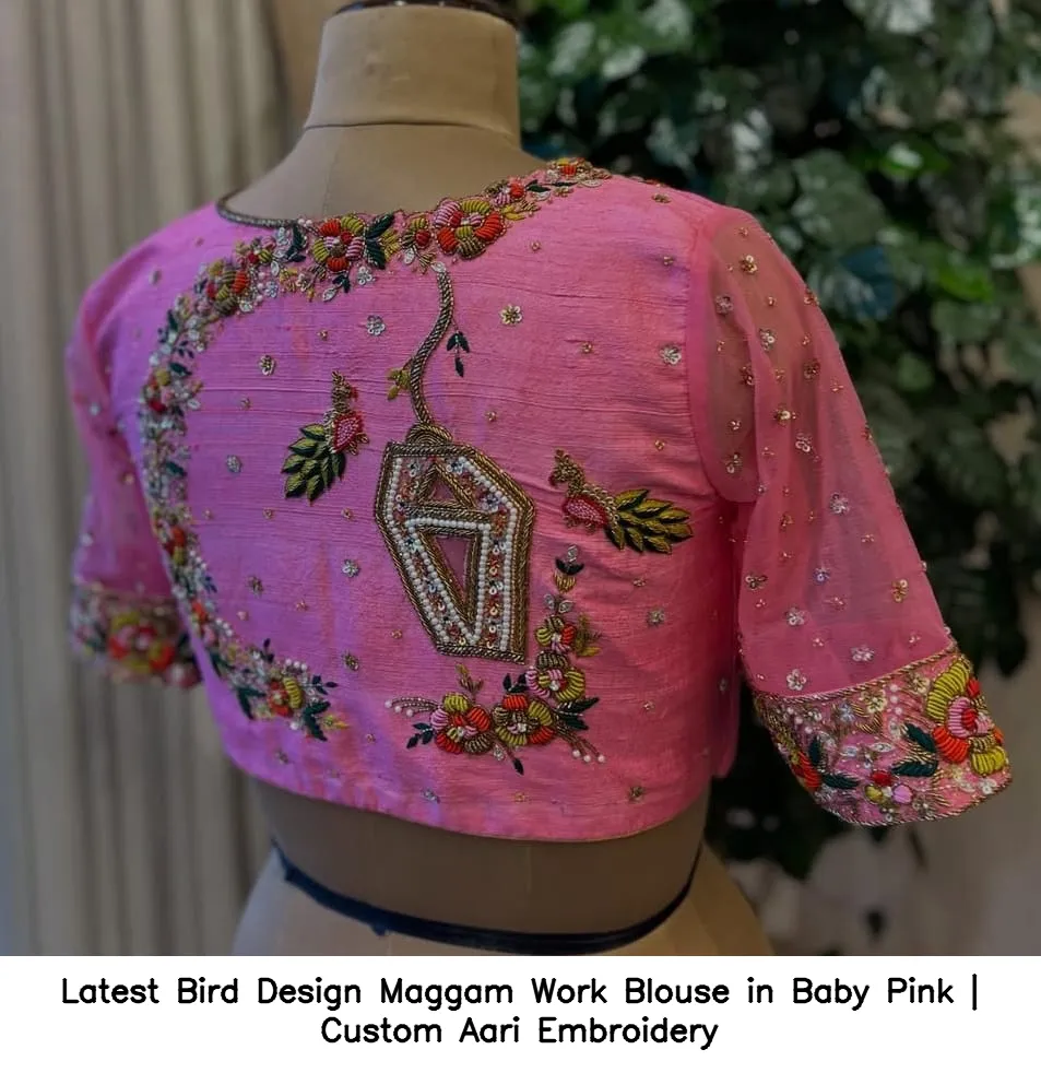 ​Latest Bird Design Maggam Work Blouse in Baby Pink | Custom Aari Embroidery
