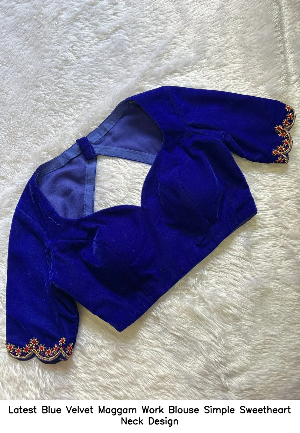 ​Latest Blue Velvet Maggam Work Blouse – Simple Sweetheart Neck Design