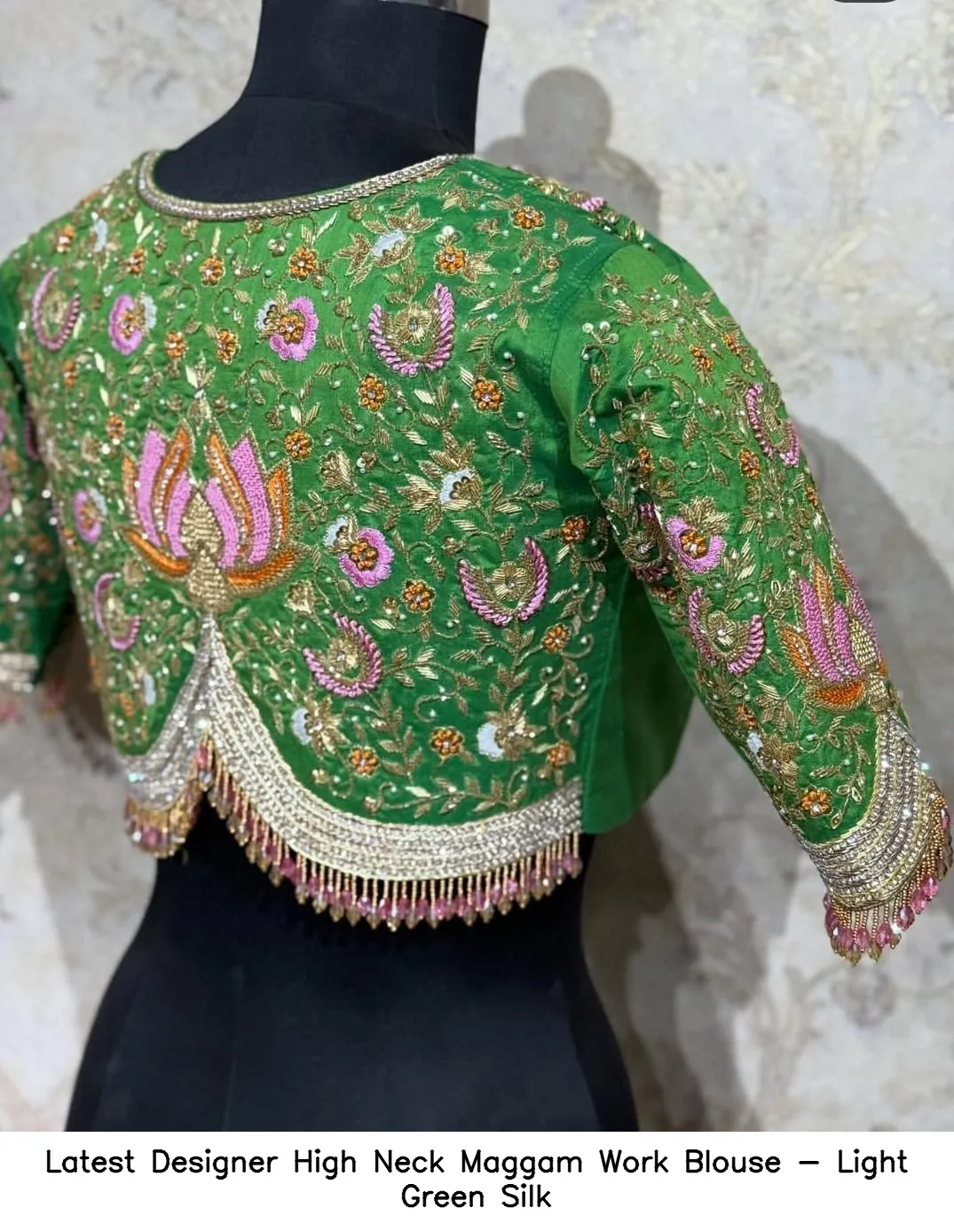 ​Latest Designer High Neck Maggam Work Blouse - Light Green Silk