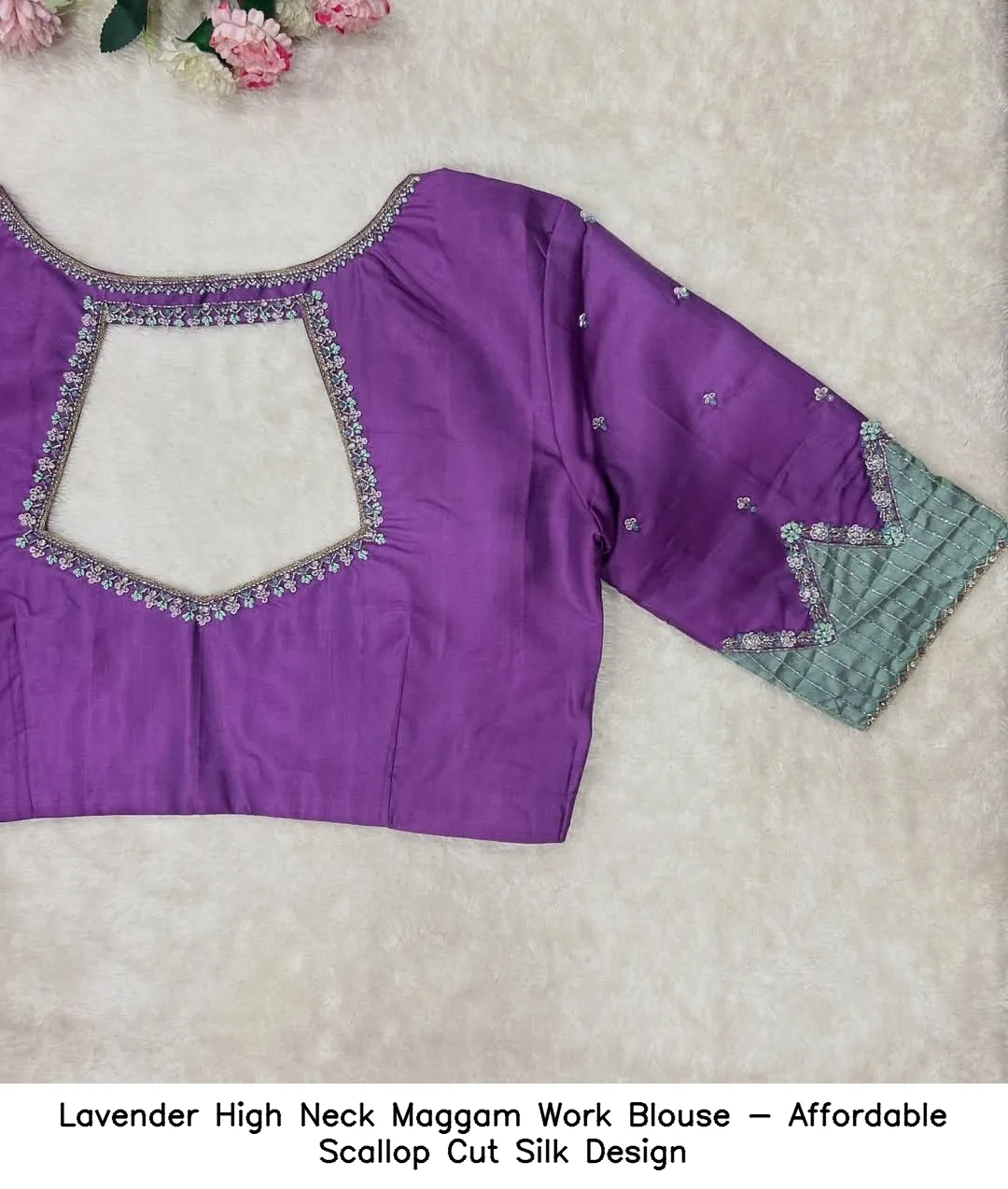 ​Lavender High Neck Maggam Work Blouse - Affordable Scallop Cut Silk Design