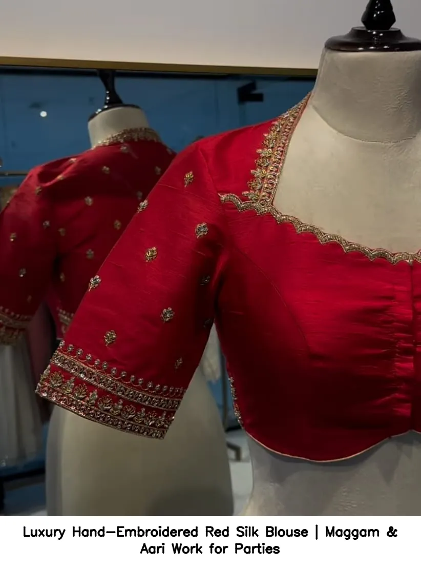 ​Luxury Hand-Embroidered Red Silk Blouse | Maggam & Aari Work for Parties