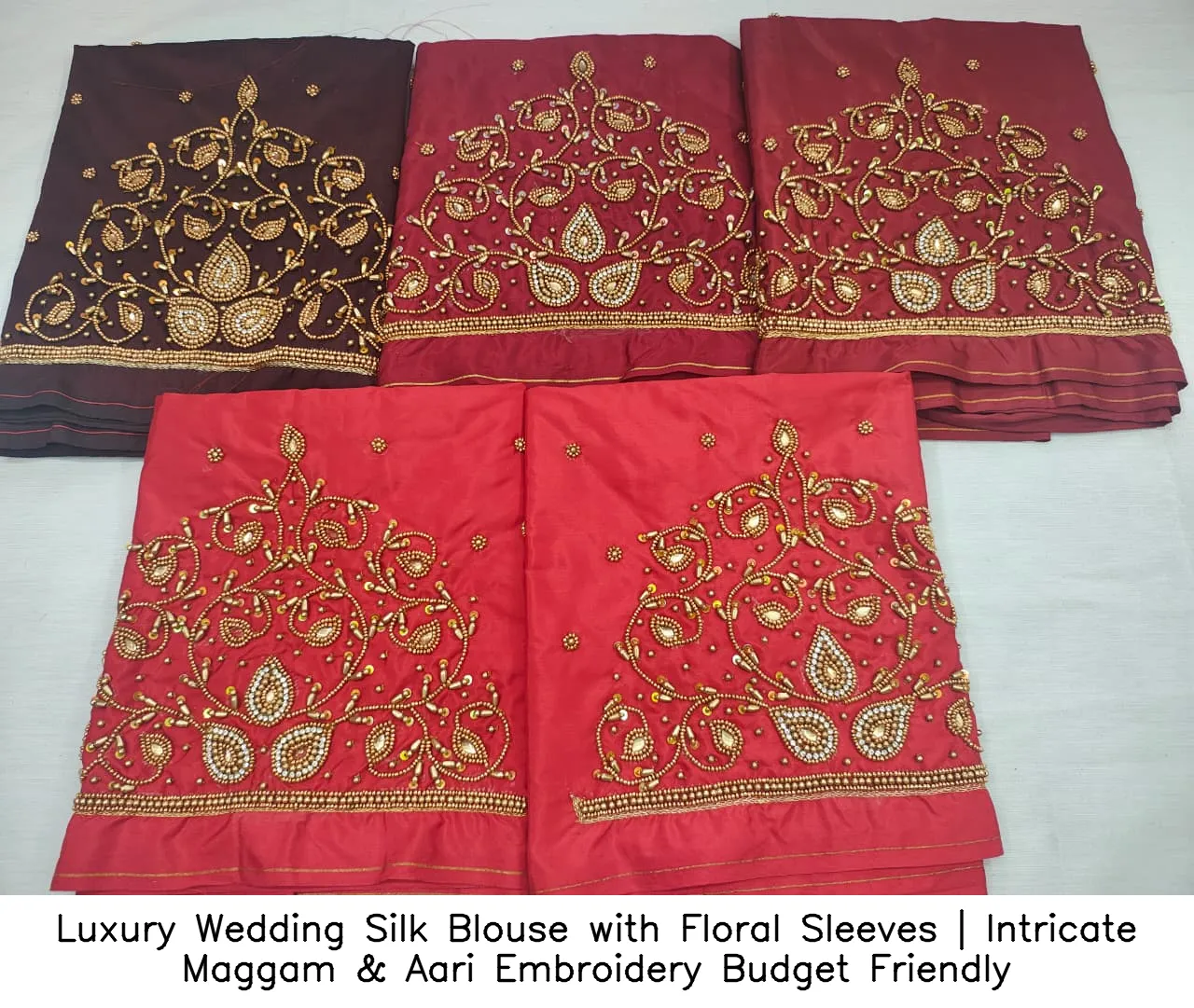 ​Luxury Wedding Silk Blouse with Floral Sleeves | Intricate Maggam & Aari Embroidery – Budget Friendly