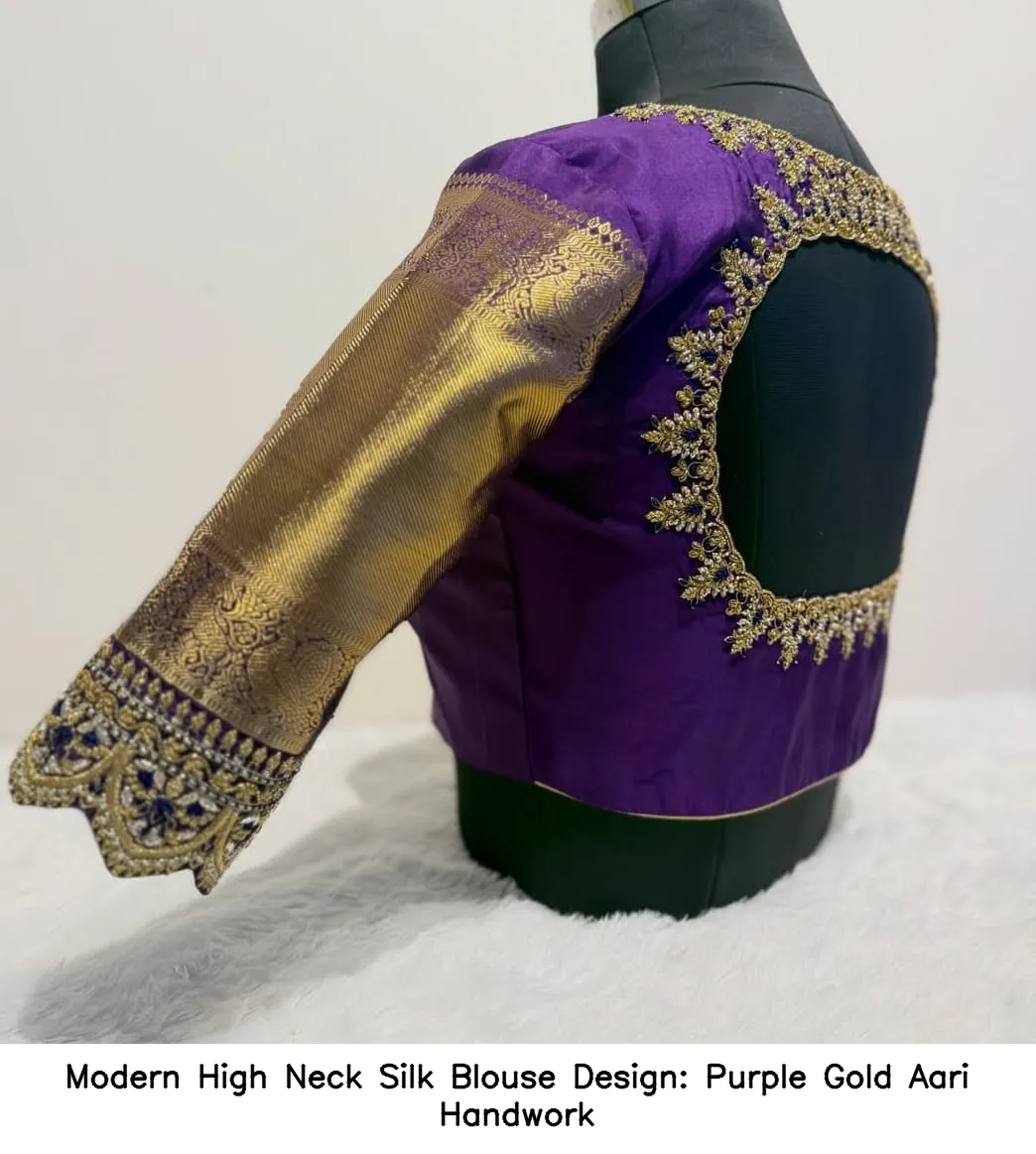 ​Modern High Neck Silk Blouse Design: Purple Gold Aari Handwork