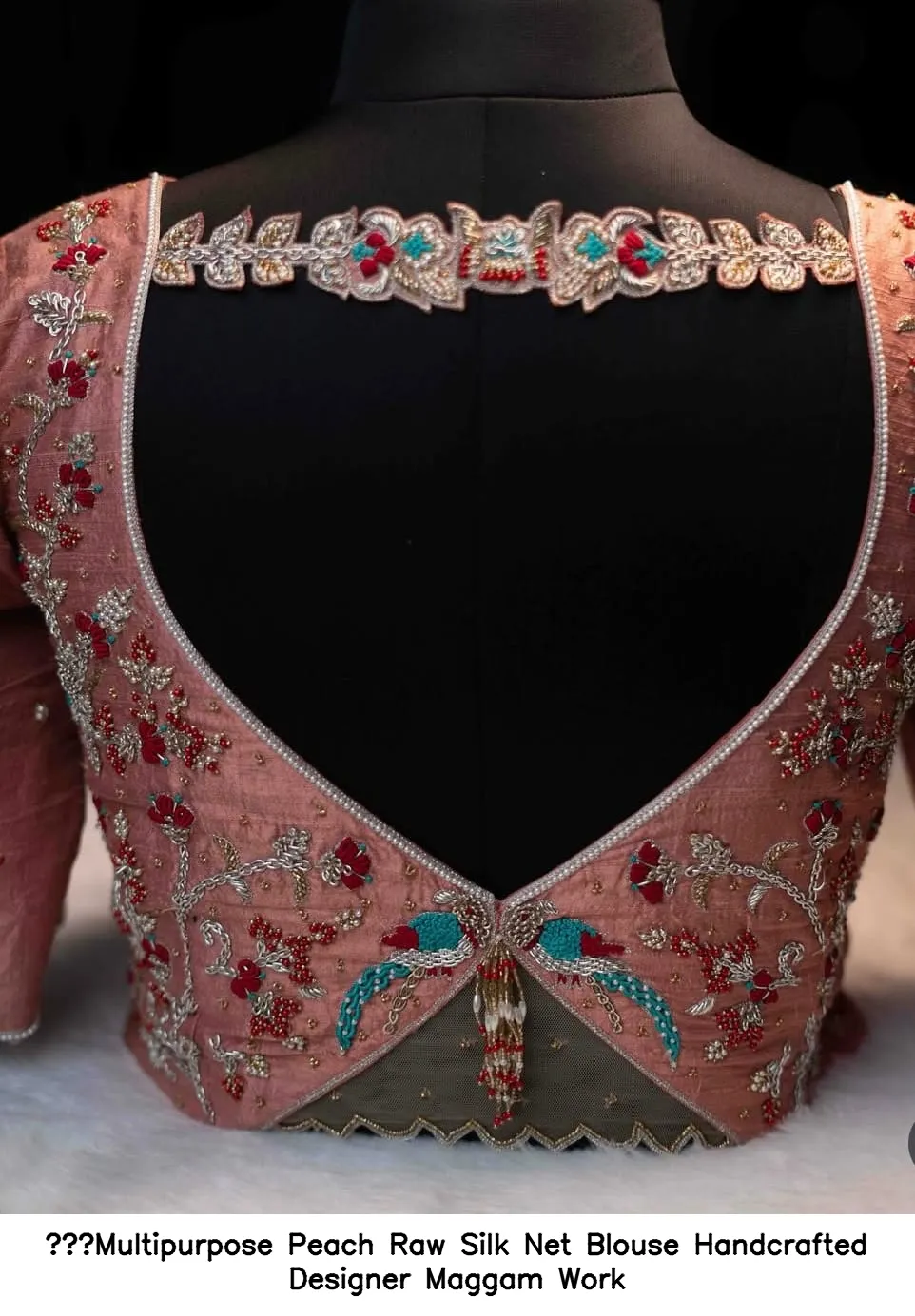 ​Multipurpose Peach Raw Silk Net Blouse  Handcrafted Designer Maggam Work