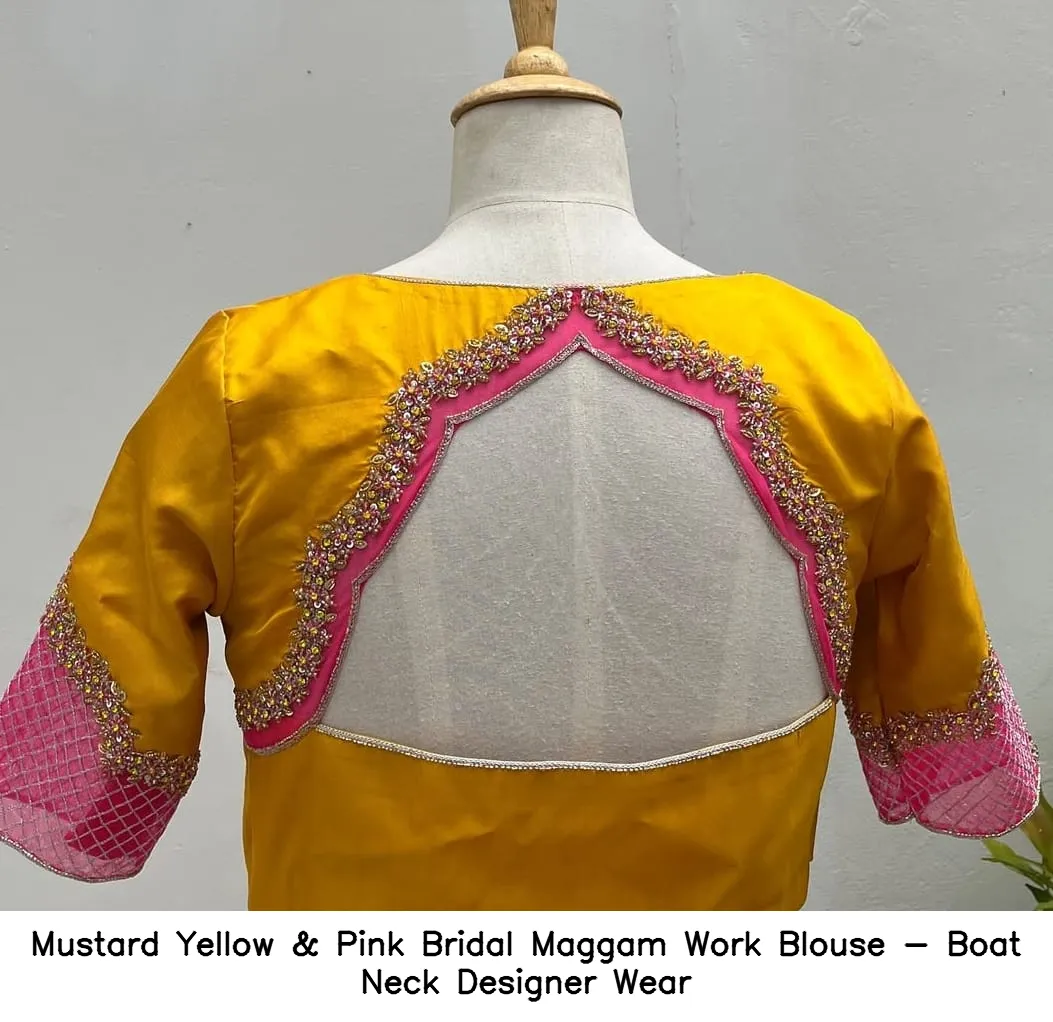 ​Mustard Yellow & Pink Bridal Maggam Work Blouse - Boat Neck Designer Wear