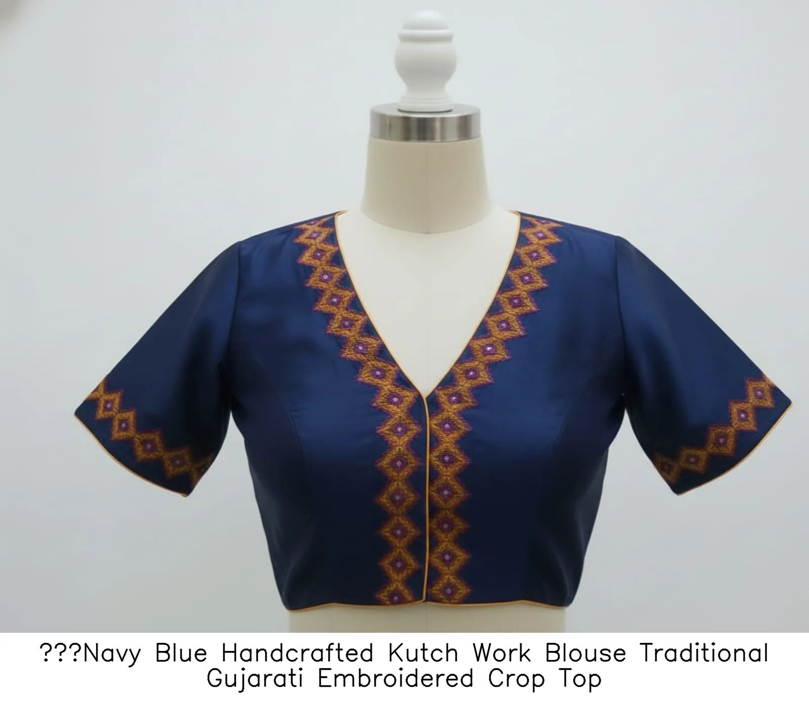 ​Navy Blue Handcrafted Kutch Work Blouse Traditional Gujarati Embroidered Crop Top
