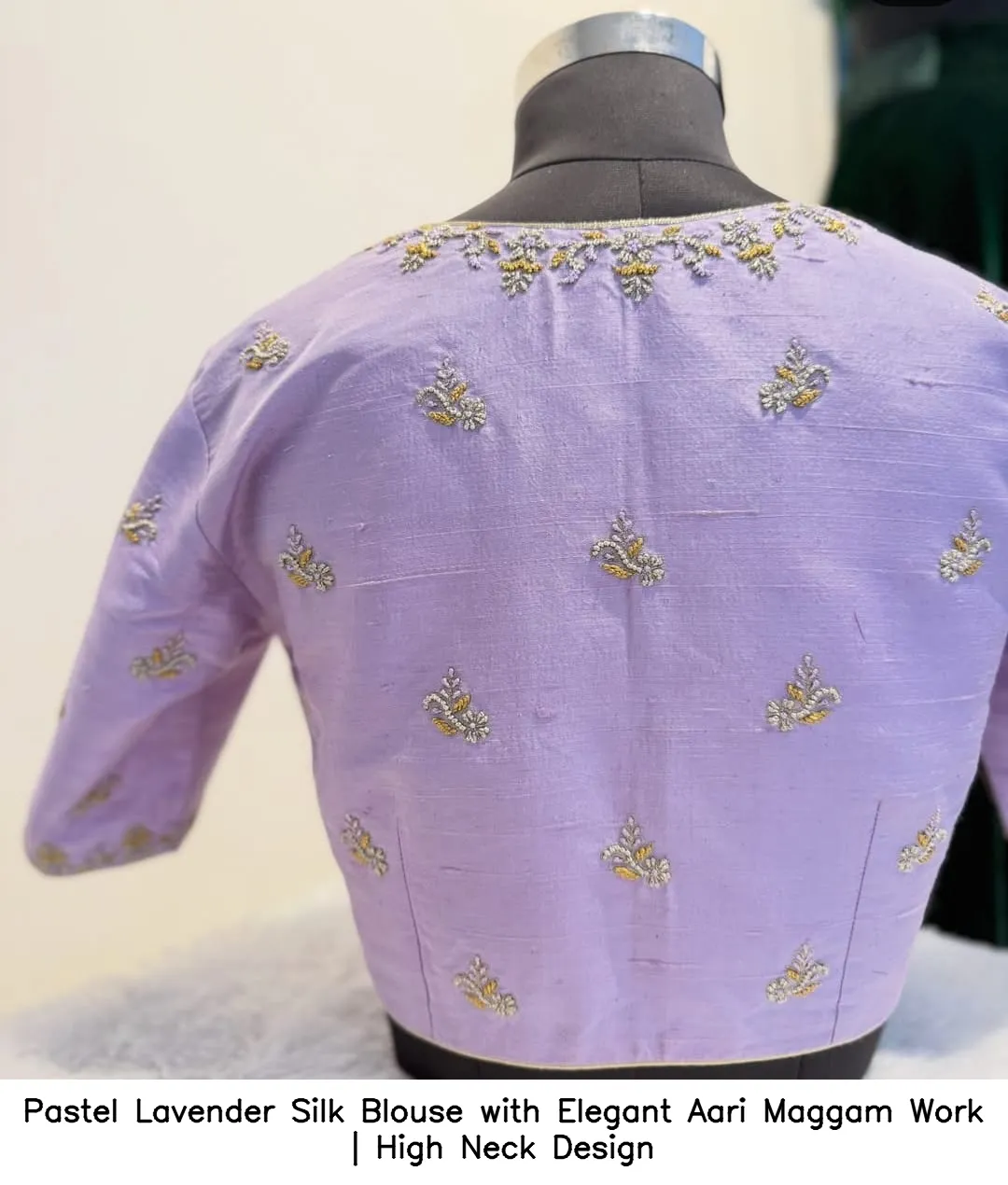 ​Pastel Lavender Silk Blouse with Elegant Aari Maggam Work | High Neck Design