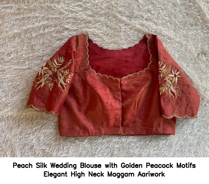 ​Peach Silk Wedding Blouse with Golden Peacock Motifs – Elegant High Neck Maggam Aariwork