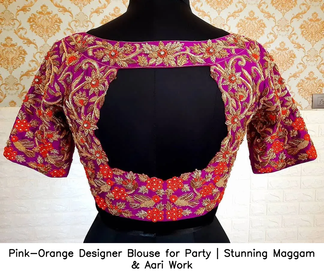 ​Pink-Orange Designer Blouse for Party | Stunning Maggam & Aari Work