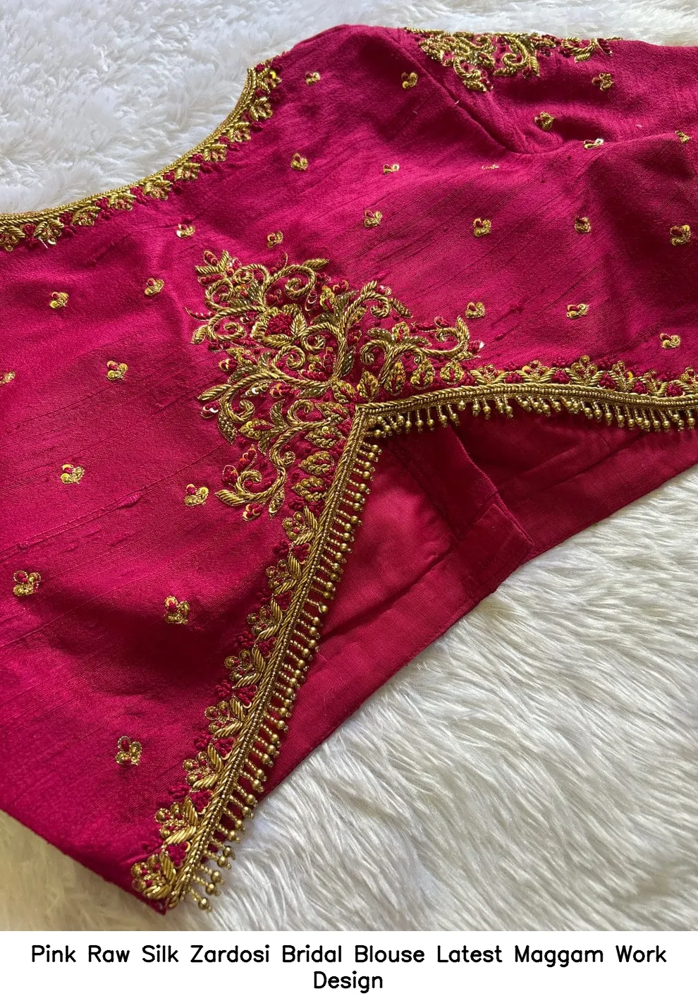 ​Pink Raw Silk Zardosi Bridal Blouse – Latest Maggam Work Design