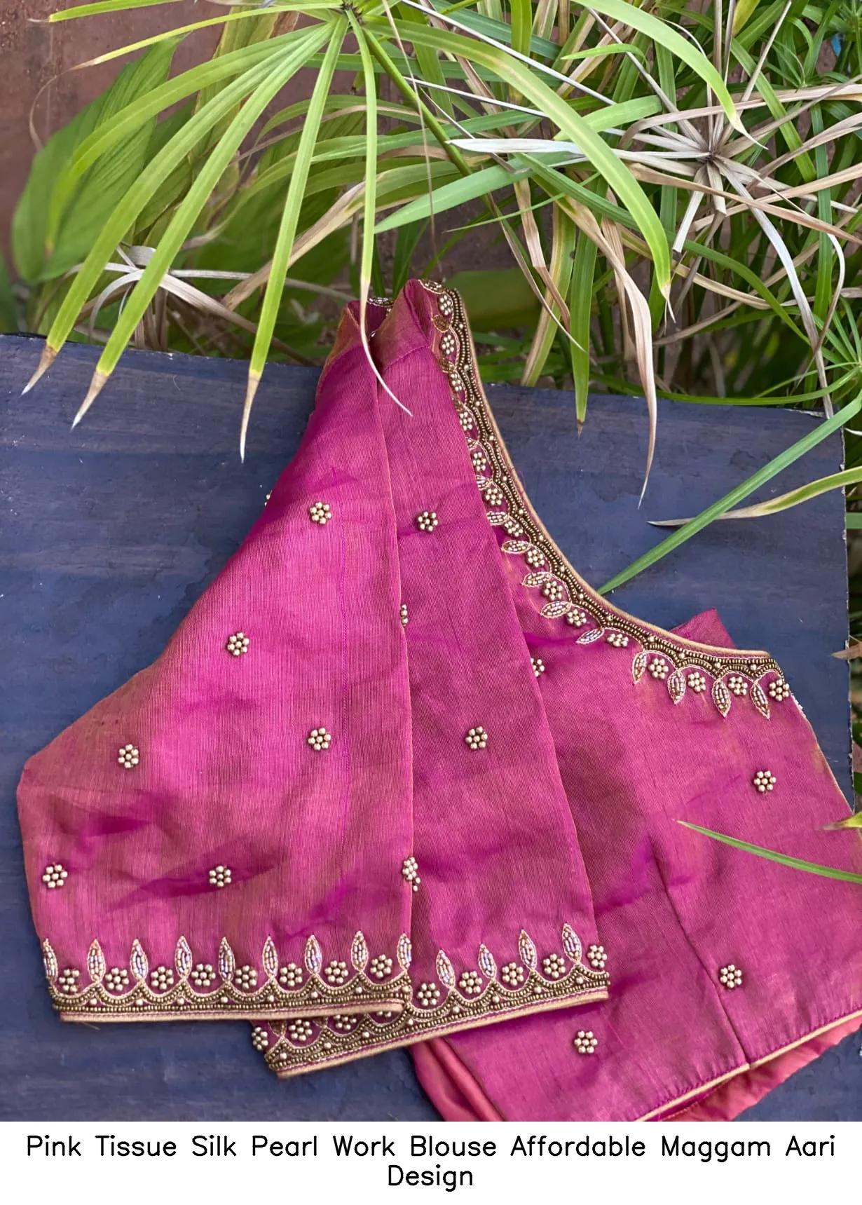 ​Pink Tissue Silk Pearl Work Blouse – Affordable Maggam Aari Design