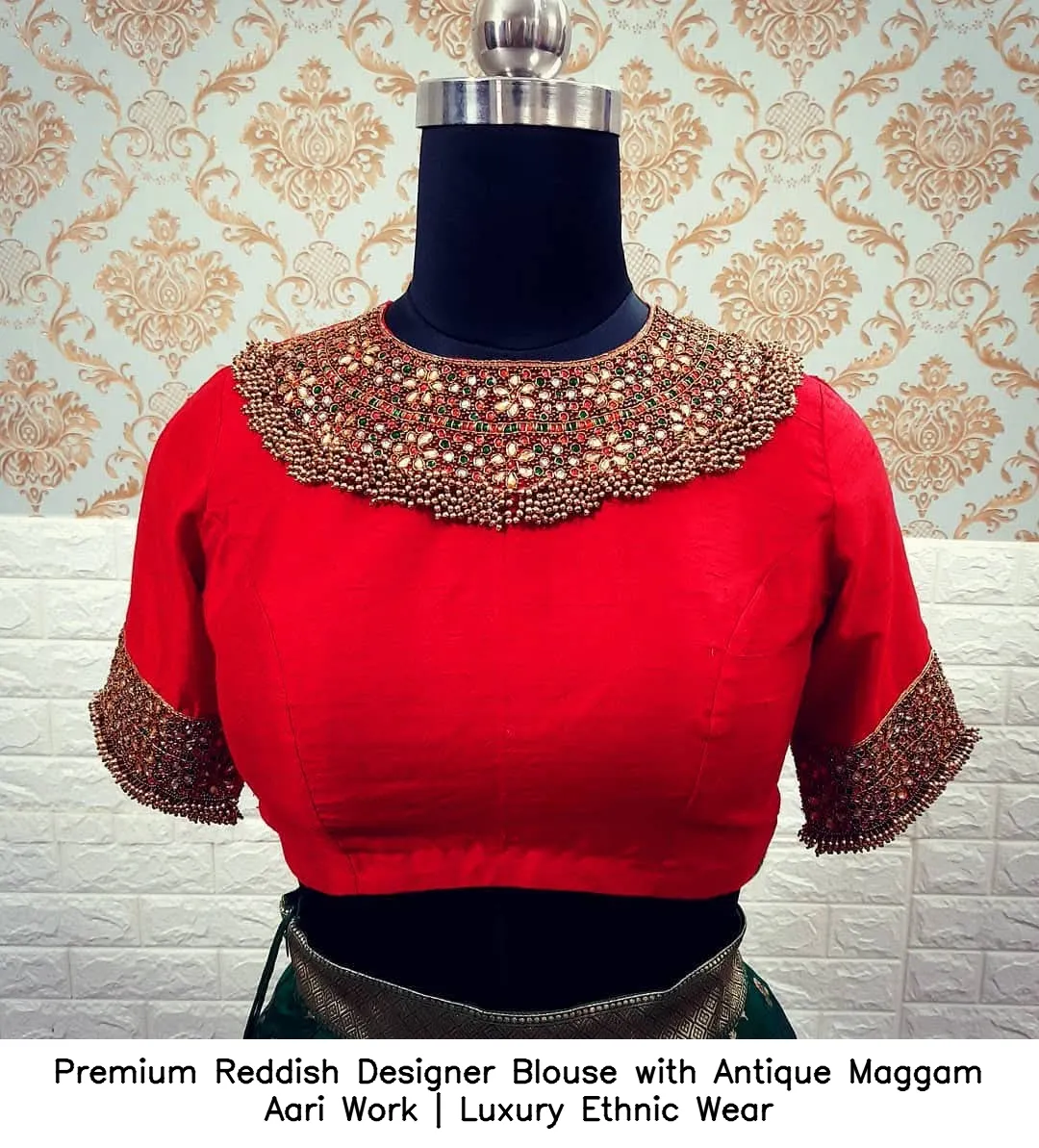 ​Premium Reddish Designer Blouse with Antique Maggam Aari Work | Luxury Ethnic Wear