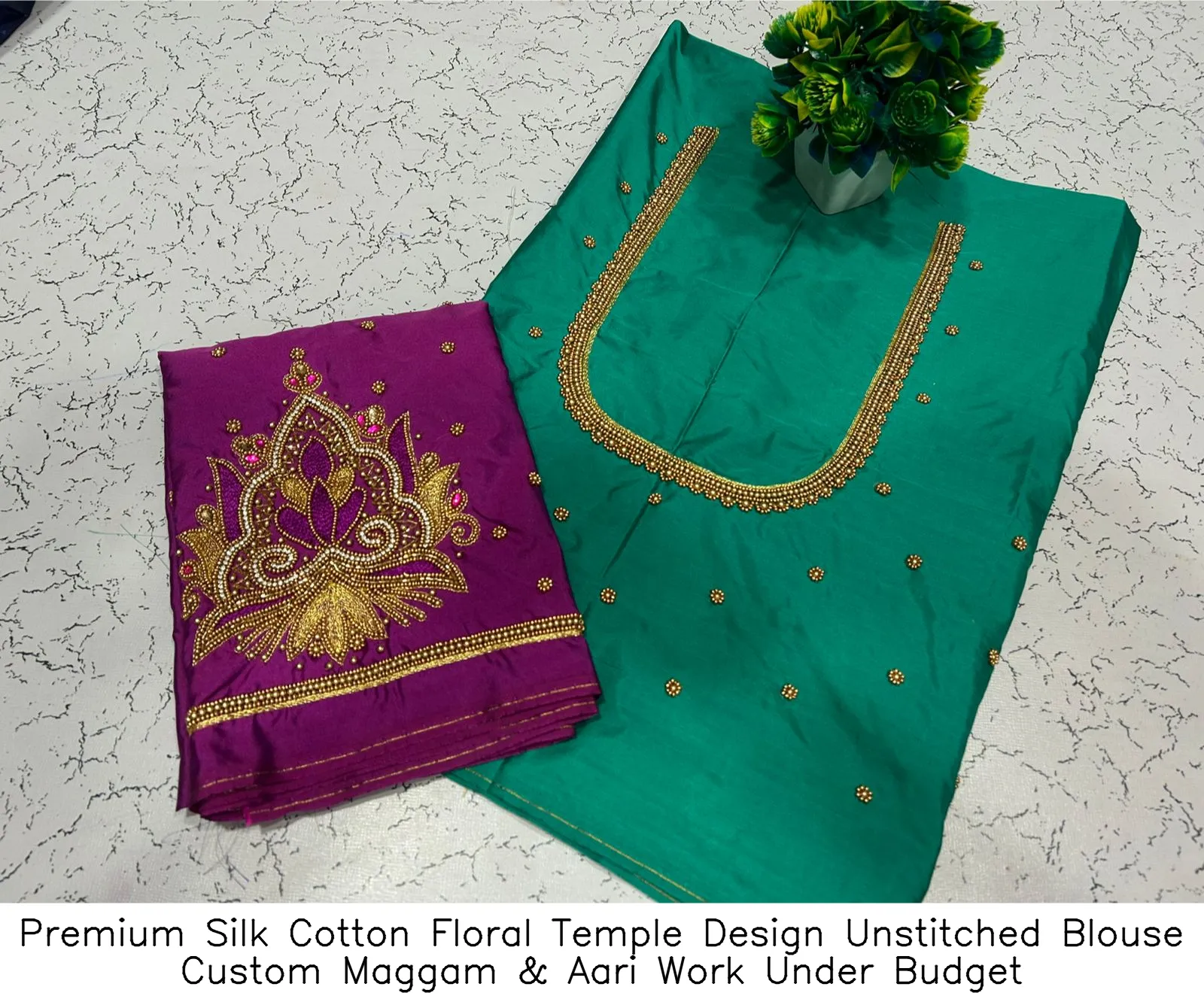 ​Premium Silk Cotton Floral Temple Design Unstitched Blouse – Custom Maggam & Aari Work Under Budget
