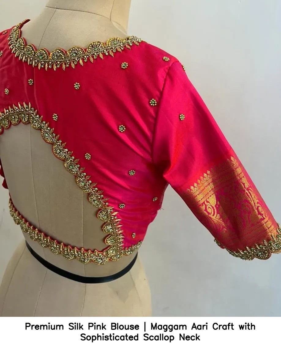 ​Premium Silk Pink Blouse | Maggam Aari Craft with Sophisticated Scallop Neck