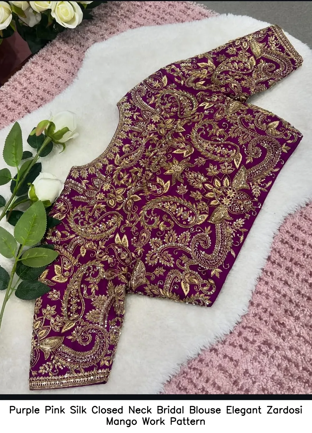 ​Purple Pink Silk Closed Neck Bridal Blouse – Elegant Zardosi Mango Work Pattern