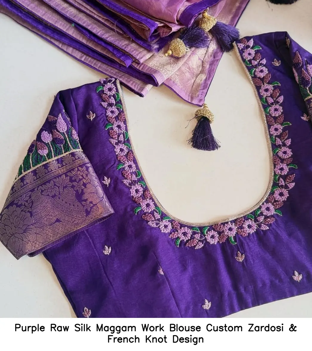 ​Purple Raw Silk Maggam Work Blouse – Custom Zardosi & French Knot Design