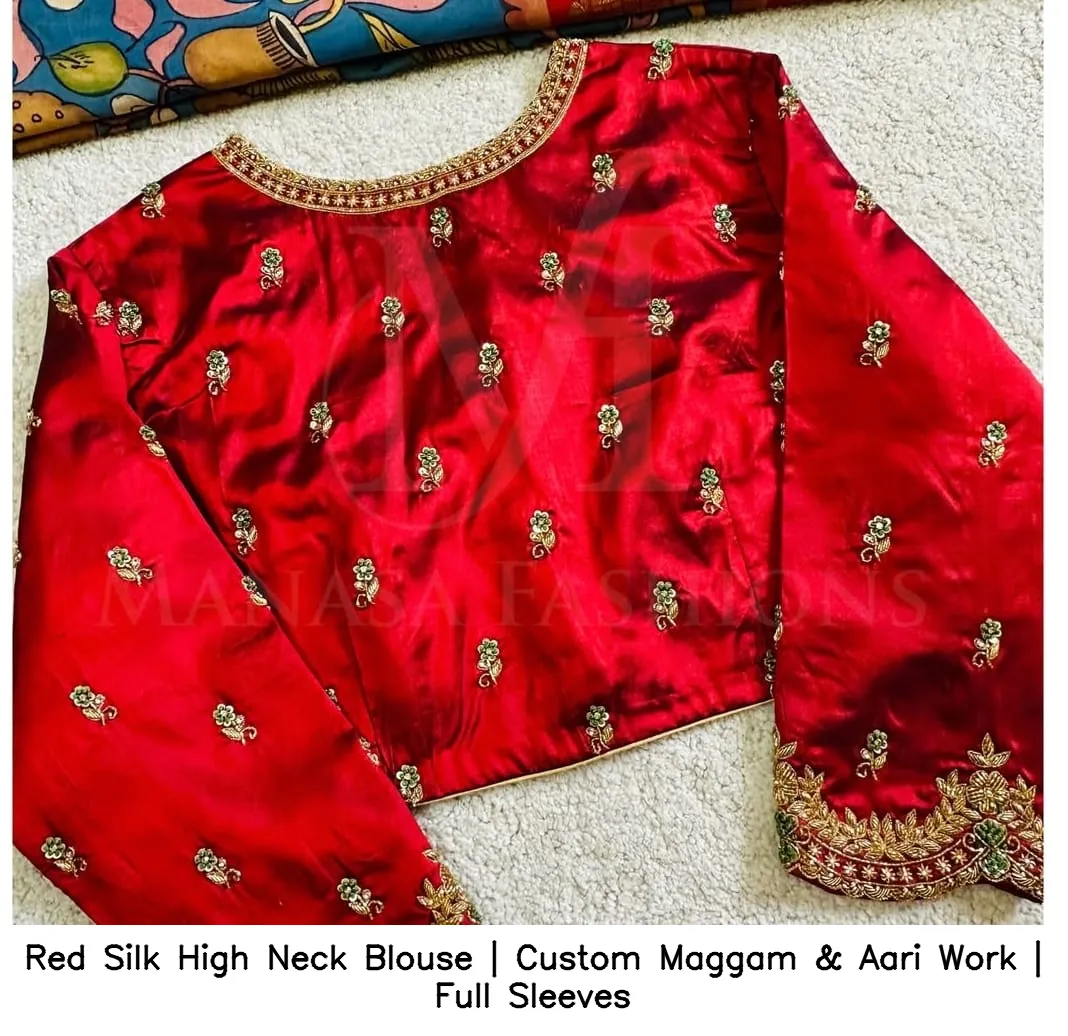 ​Red Silk High Neck Blouse | Custom Maggam & Aari Work | Full Sleeves