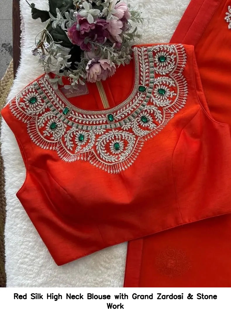 ​Red Silk High Neck Blouse with Grand Zardosi & Stone Work