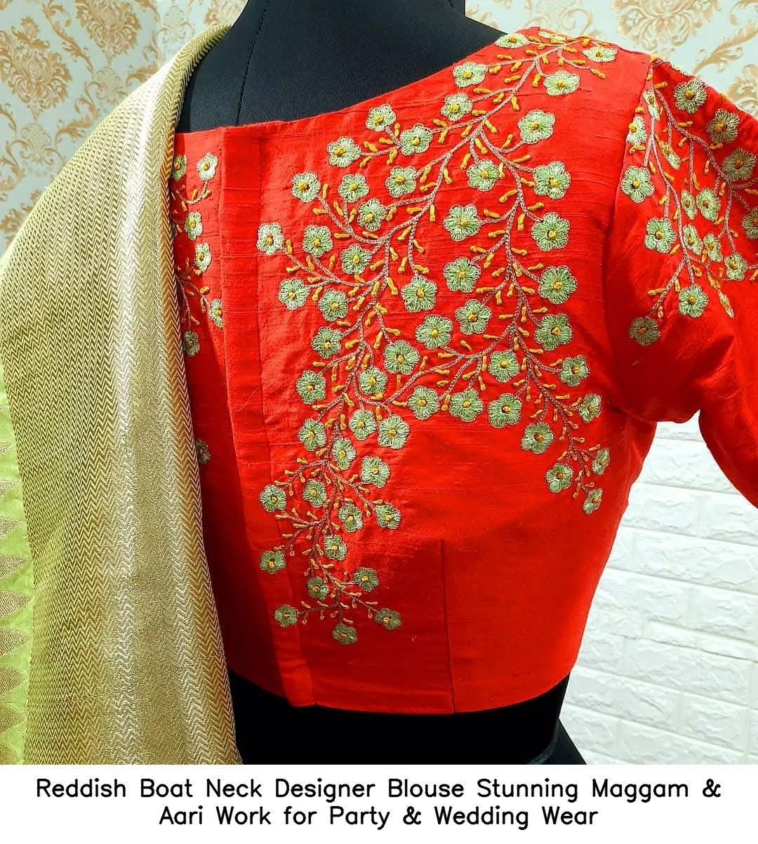 ​Reddish Boat Neck Designer Blouse – Stunning Maggam & Aari Work for Party & Wedding Wear