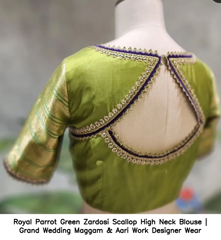 ​Royal Parrot Green Zardosi Scallop High Neck Blouse | Grand Wedding Maggam & Aari Work Designer Wear