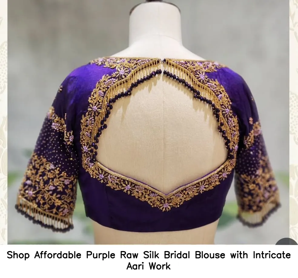 ​Shop Affordable Purple Raw Silk Bridal Blouse with Intricate Aari Work