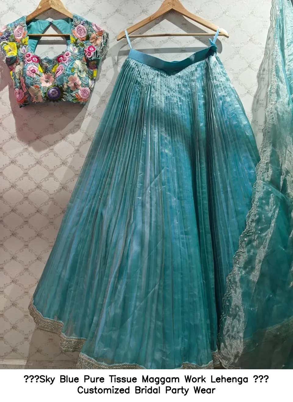 ​Sky Blue Pure Tissue Maggam Work Lehenga – Customized Bridal  Party Wear