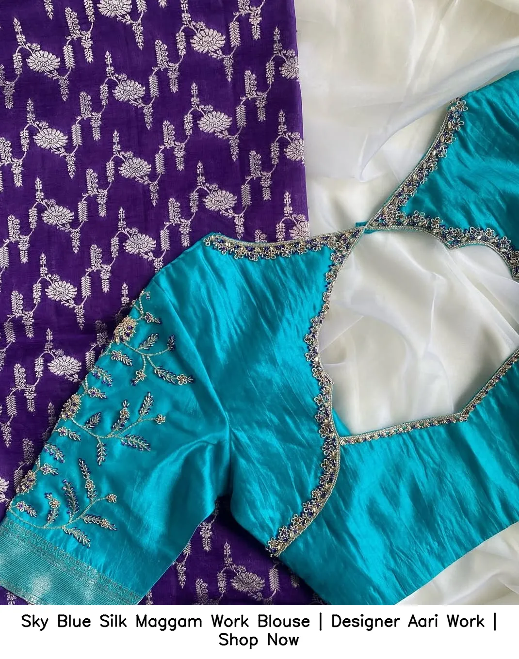 ​Sky Blue Silk Maggam Work Blouse | Designer Aari Work | Shop Now