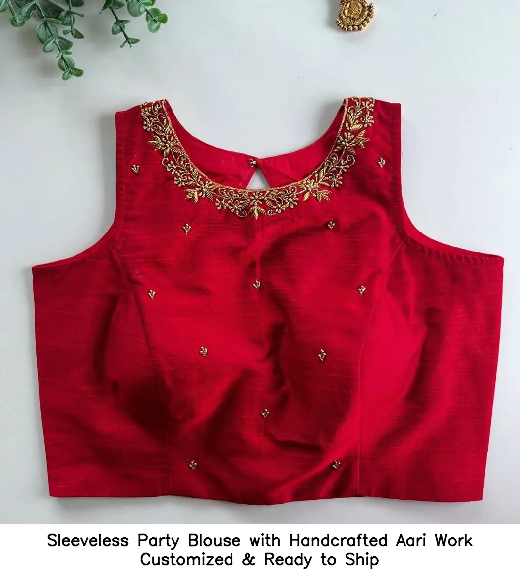 ​Sleeveless Party Blouse with Handcrafted Aari Work – Customized & Ready to Ship
