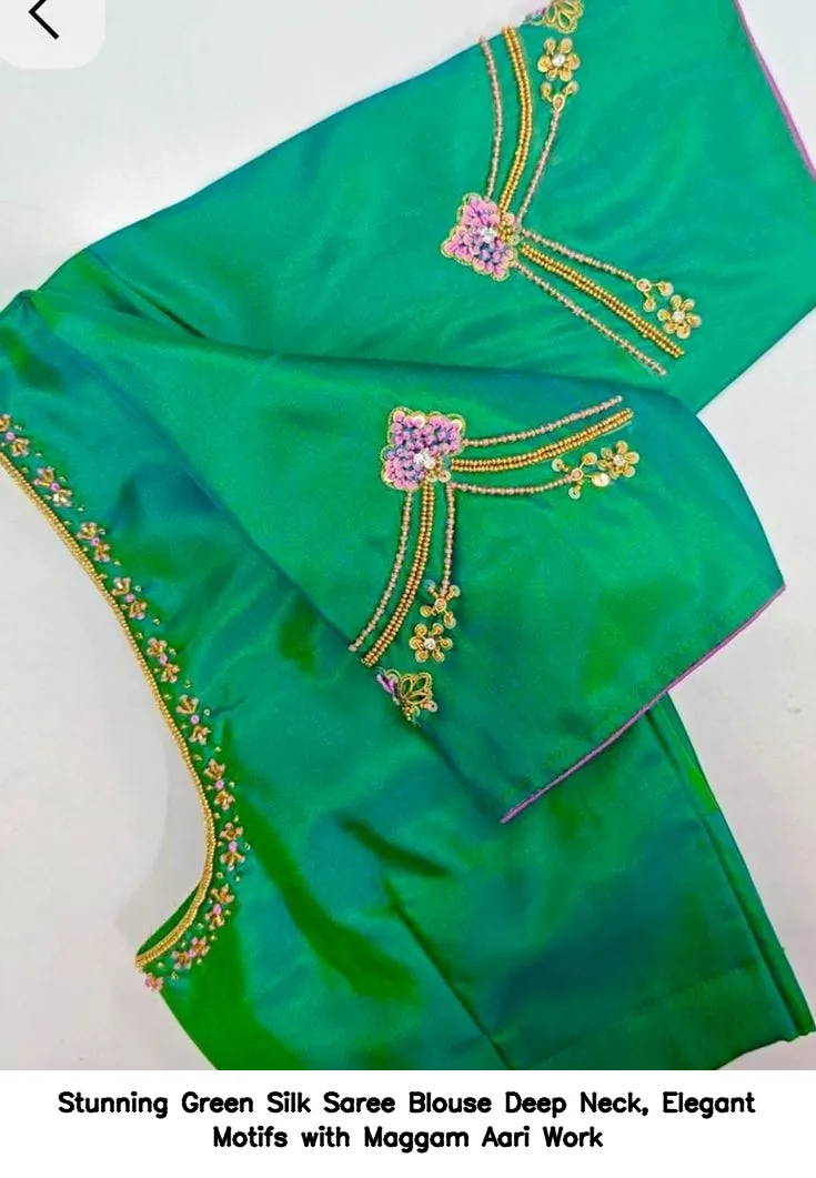 ​Stunning Green Silk Saree Blouse – Deep Neck, Elegant Motifs with Maggam Aari Work