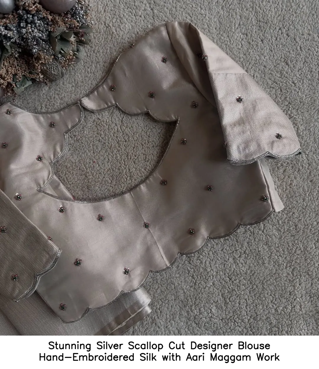 ​Stunning Silver Scallop Cut Designer Blouse – Hand-Embroidered Silk with Aari Maggam Work