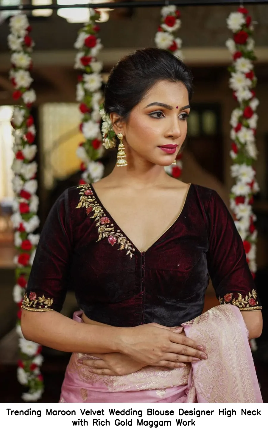 ​Trending Maroon Velvet Wedding Blouse – Designer High Neck with Rich Gold Maggam Work