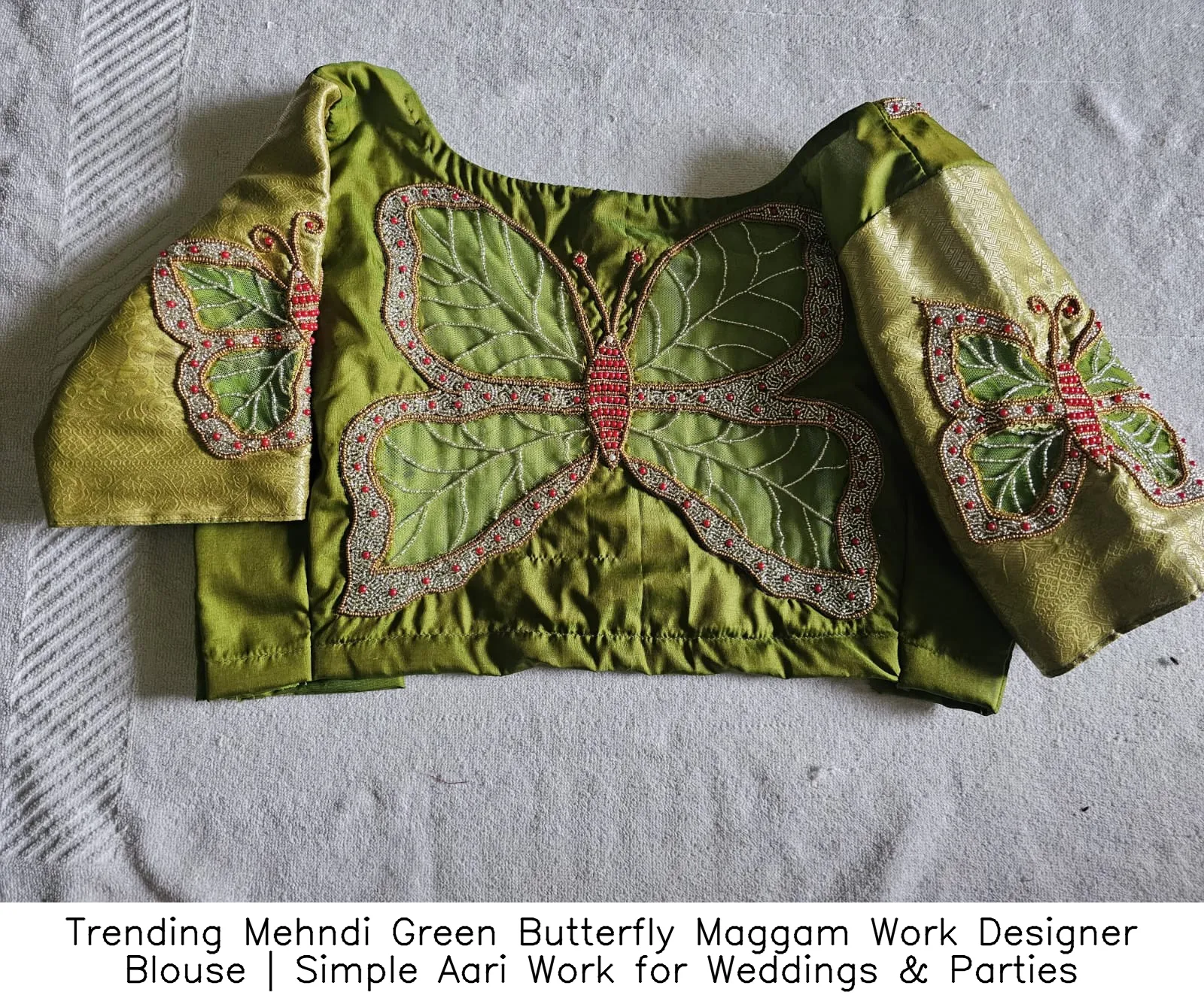 ​Trending Mehndi Green Butterfly Maggam Work Designer Blouse | Simple Aari Work for Weddings & Parties