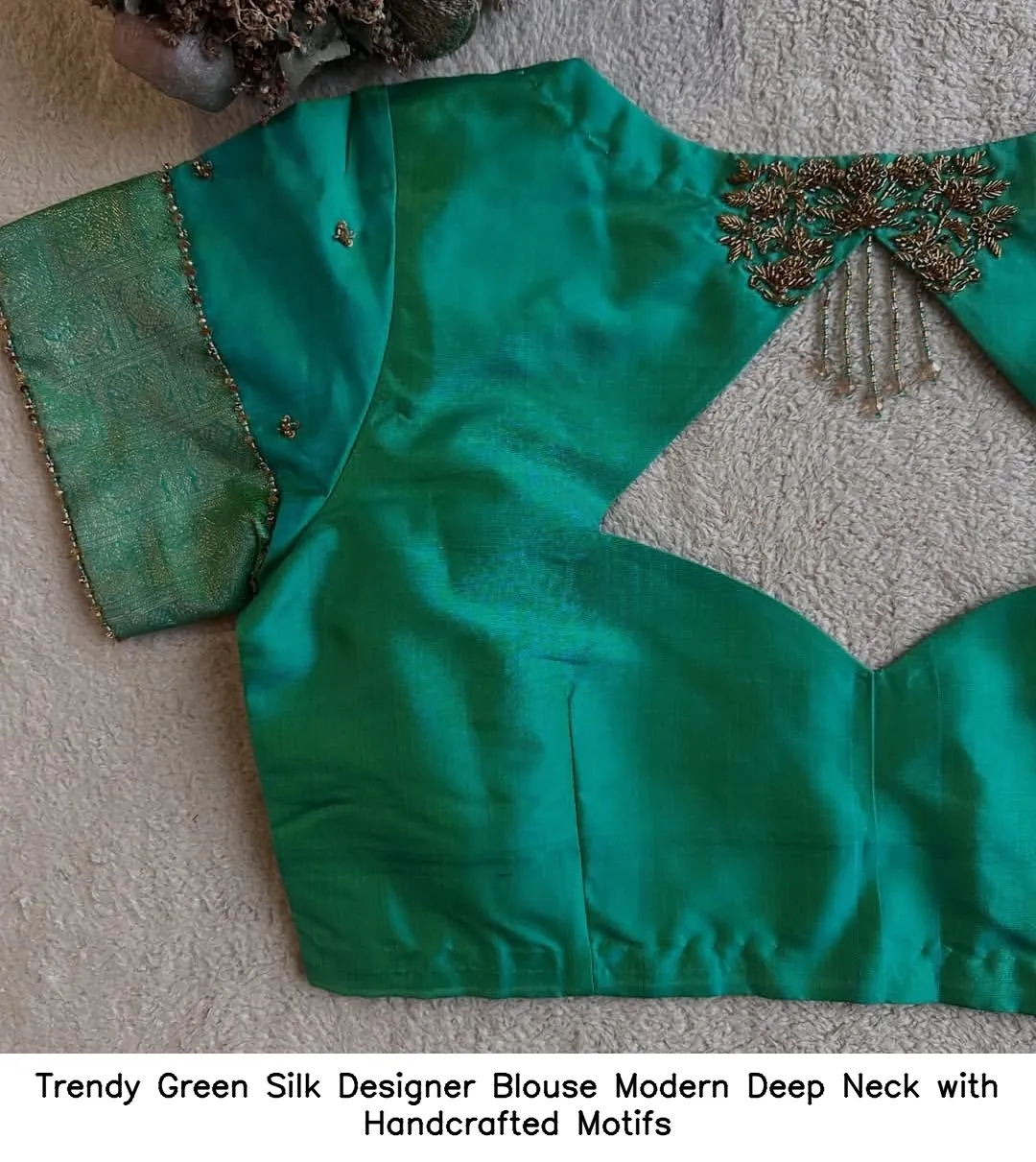 ​Trendy Green Silk Designer Blouse – Modern Deep Neck with Handcrafted Motifs - Xl