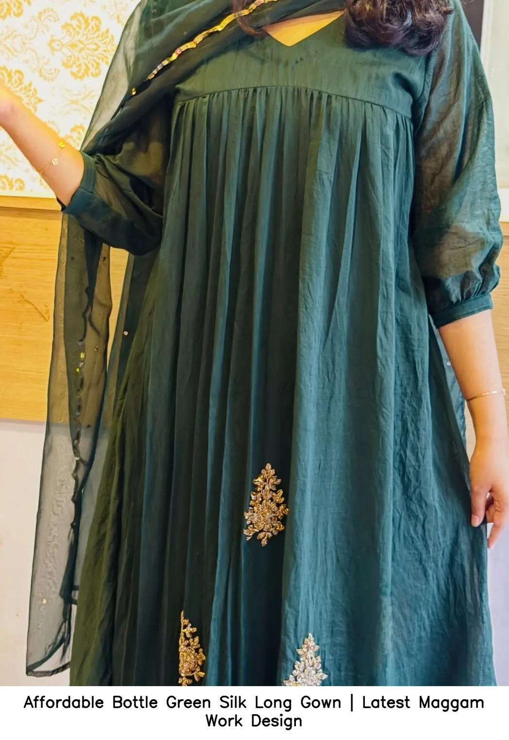 ​​Affordable Bottle Green Silk Long Gown | Latest Maggam Work Design